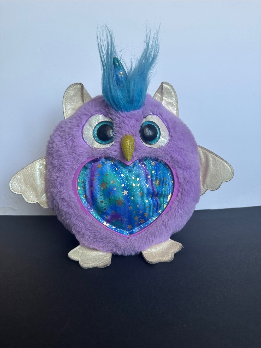 Plush Purple Owl Stuffed Animal with Sparkle Heart and Blue Mane